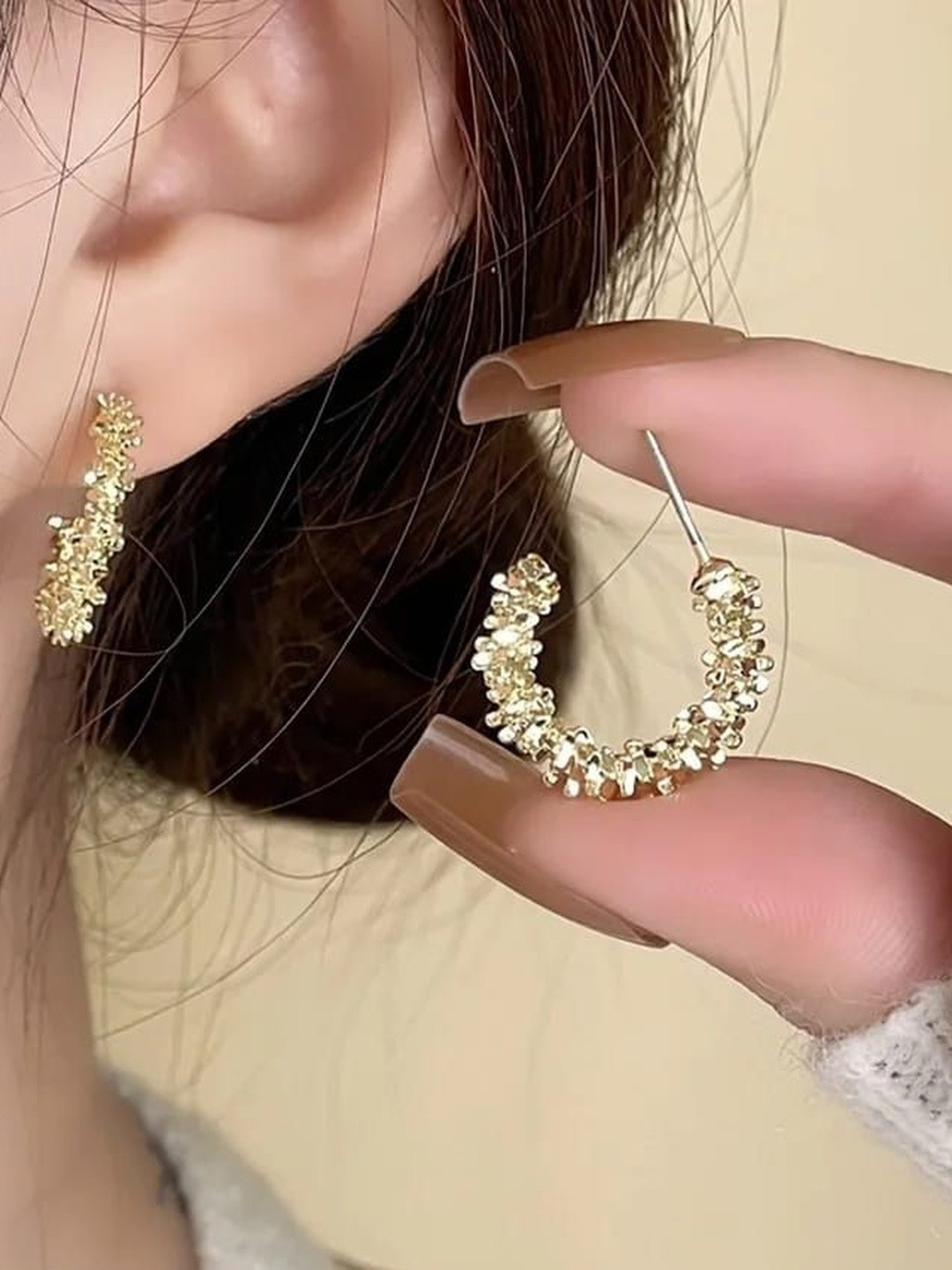 MASUMEEN TRADERS Stainless Steel Gold-Plated Semi Circular Shaped Half Hoop Earrings