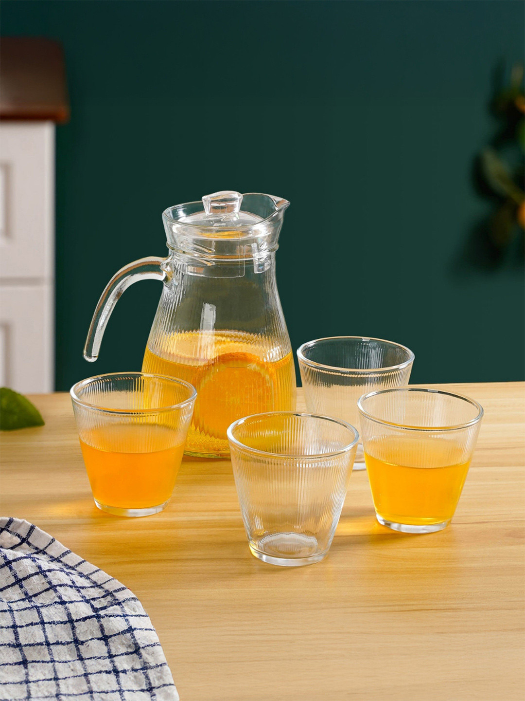 Nestasia Transparent 5 Pieces Glass Ribbed Jar 1.2L With Tumbler Set