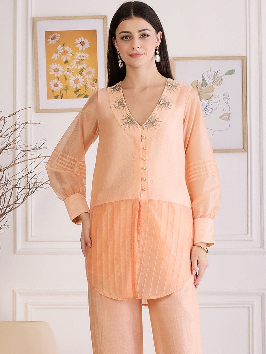 First Resort by Ramola Bachchan Embellished Bishop Sleeves Cotton Top