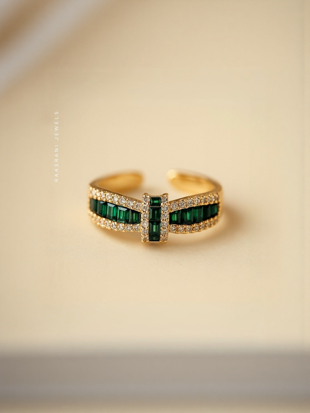 RaasRani Women Emerald 18K Gold Plated Adjustable Baguette CZ Ring