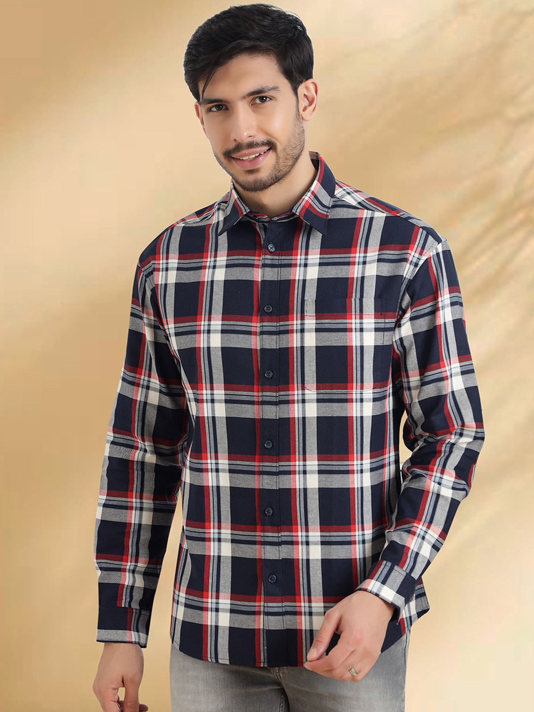 NEON CHILLIE Men Slim Fit Buffalo Checked Spread Collar Cotton Casual Shirt