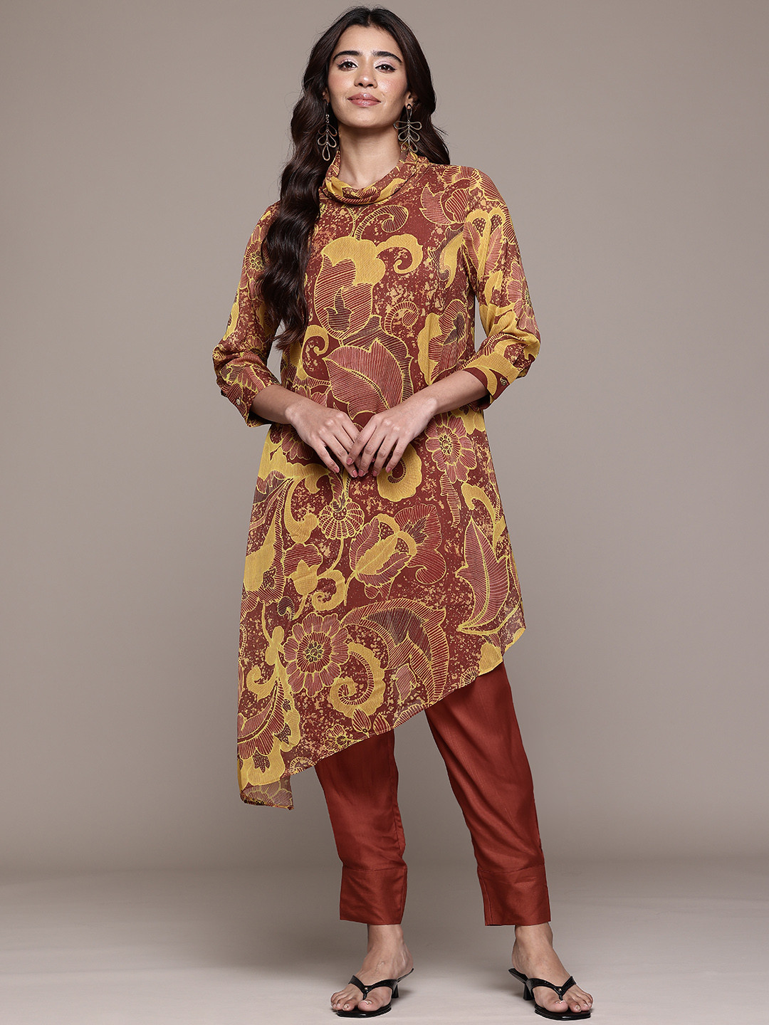 aarke Ritu Kumar Floral Printed Cowl Neck A-Line Kurta with Trousers with Asymmetric Hem