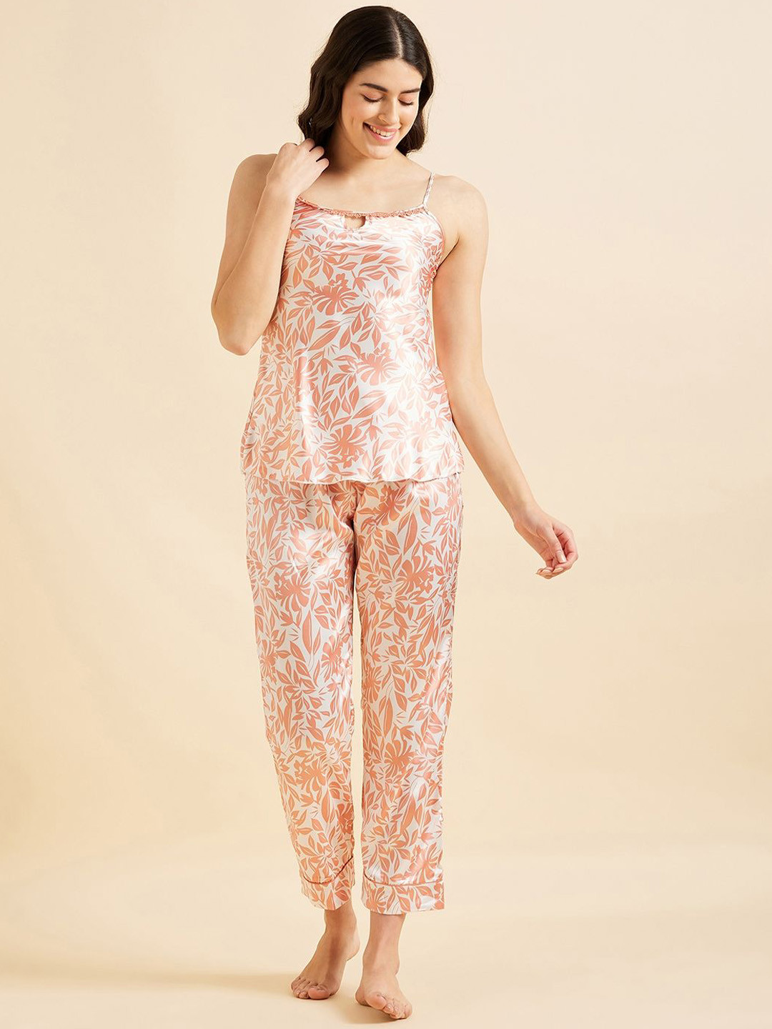 Sweet Dreams Women Floral Printed Shoulder Straps Top Drawstring Pajama Night Suits