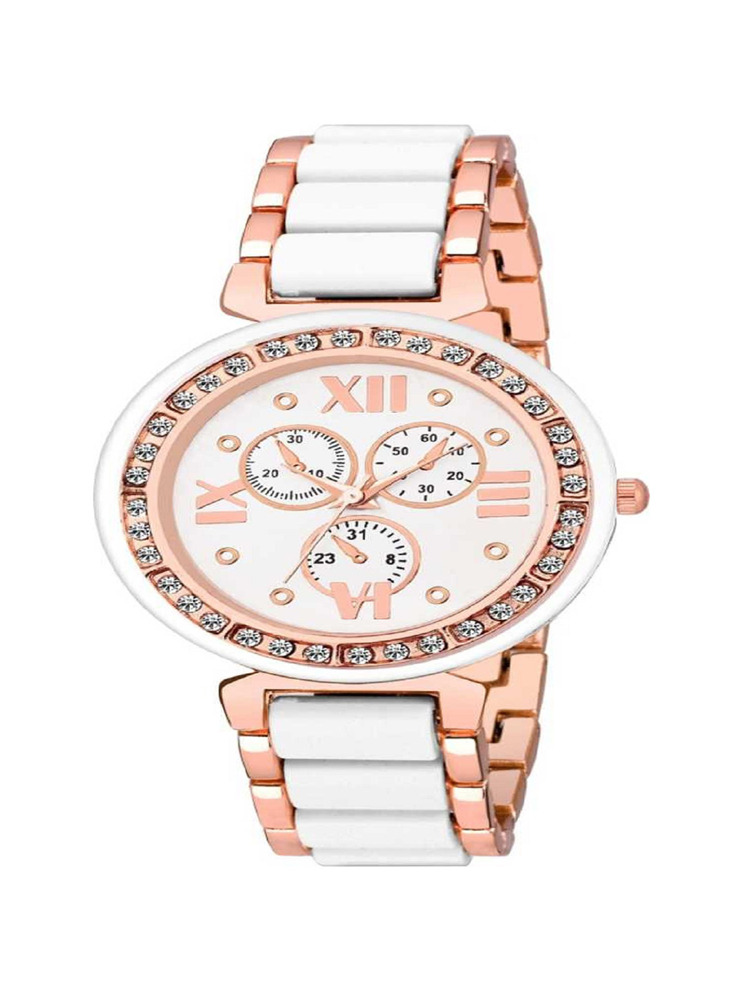 LAKSH Unisex White & Gold Stainless Steel Straps Analogue metallic strap Watch