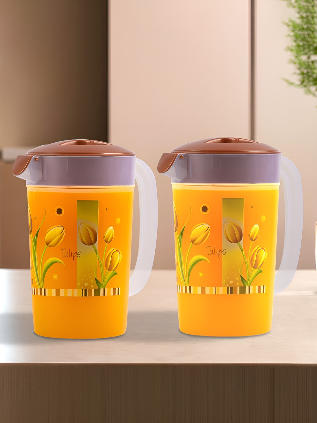 Aura Brown & White 2 Pieces Flower Printed Safe Pack Water Jugs-2.4 L Each