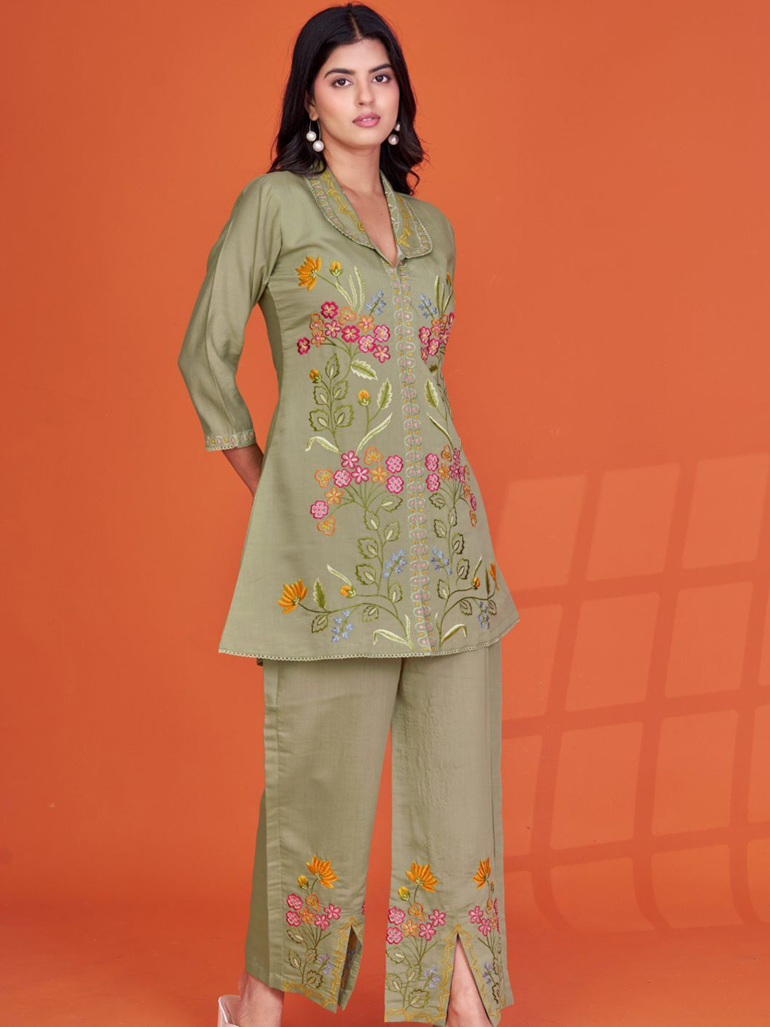 Zolo Label Embroidered V Neck Roman Silk Top With Trousers Co-Ords