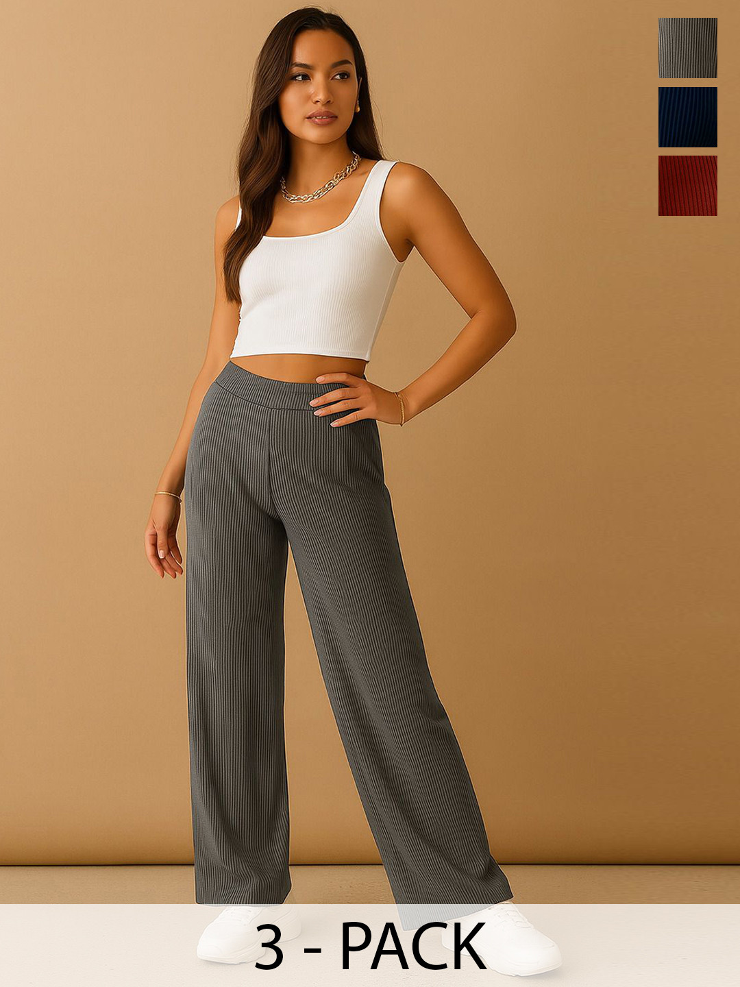 Fabflee Women Pack of 3 Wide Leg Mid-Rise Flat-Front Trousers