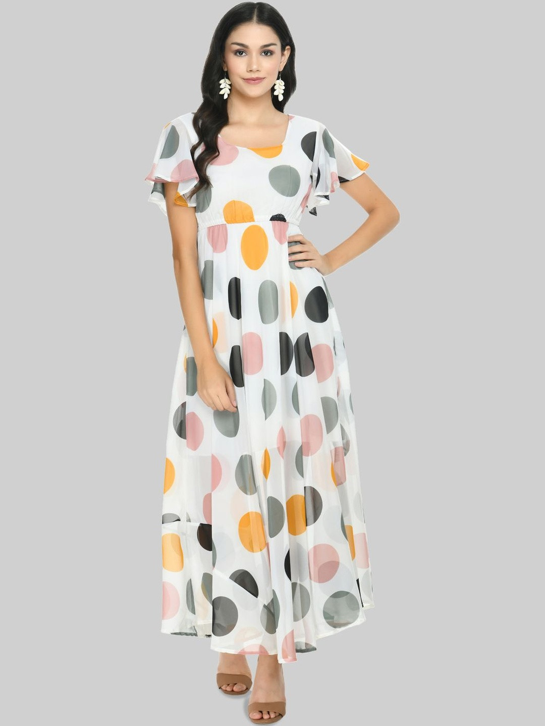 Brainbees Women Polka Dot Printed Flared Sleeves Tiered Maxi Dress