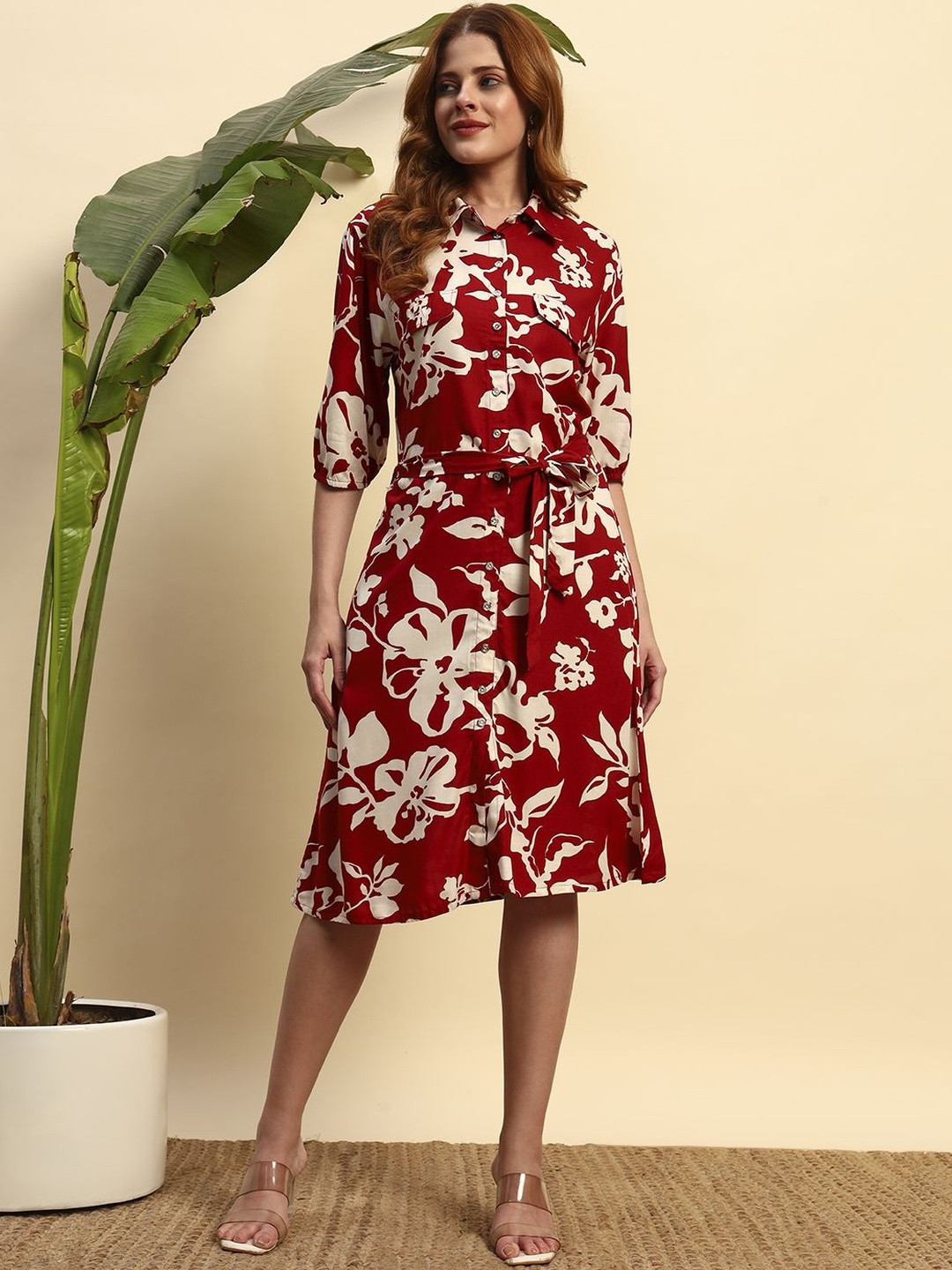 SEPHANI Floral Printed Rayon Shirt Dress