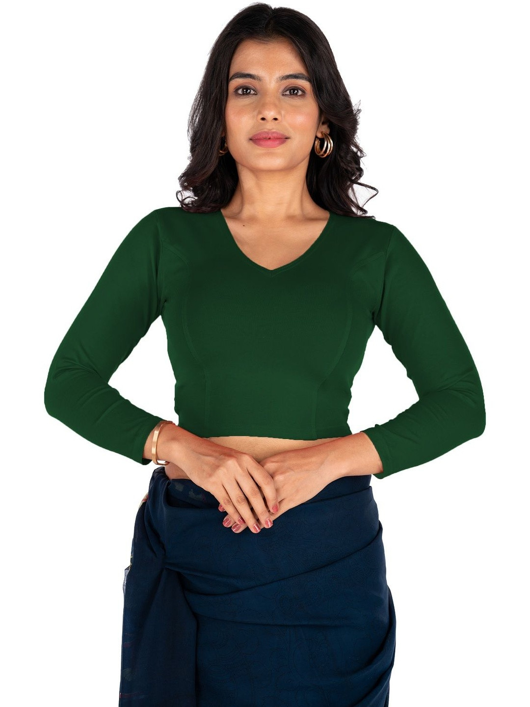 Abhi Women Green Solid V-Neck Long Sleeve Cotton Causal Regular Tops