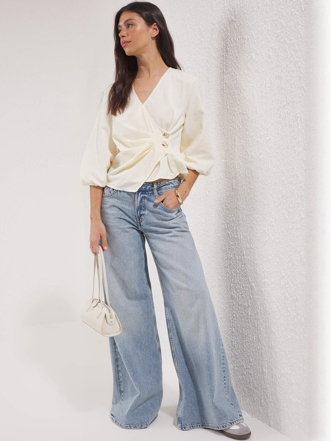 Trendyol Ak Bej Women Cotton Wrap Top