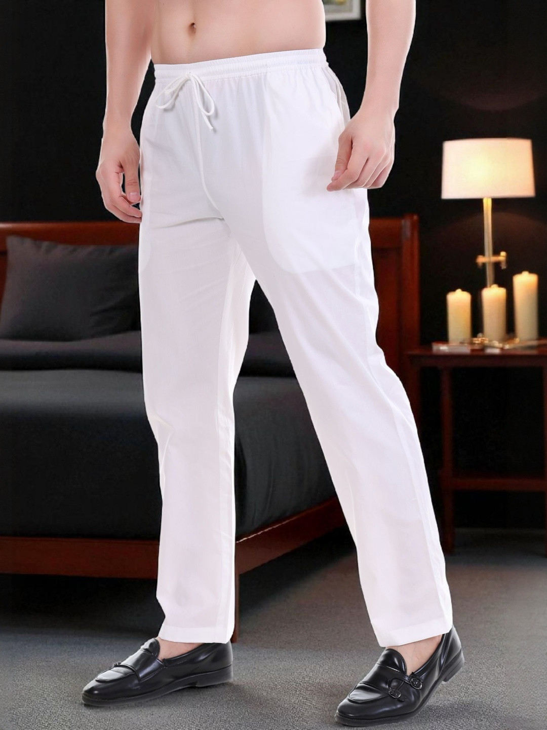 DASTEKARIGAR Men White Cotton Mid-Rise Pyjamas
