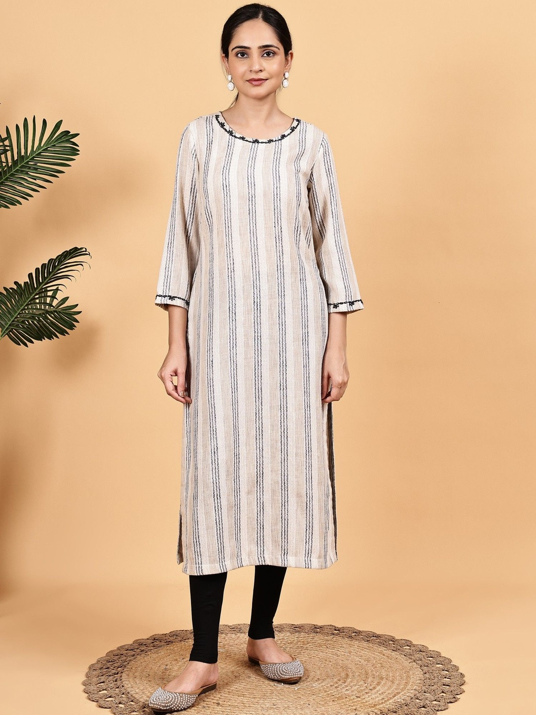 BEBLA Women Beige & Black Striped Embroidered Pure Cotton Kurti