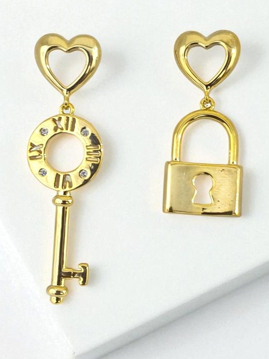 AVANT-GARDE PARIS Stainless Steel Gold-Plated Stones Studded Mismatch Quirky Drop Earrings