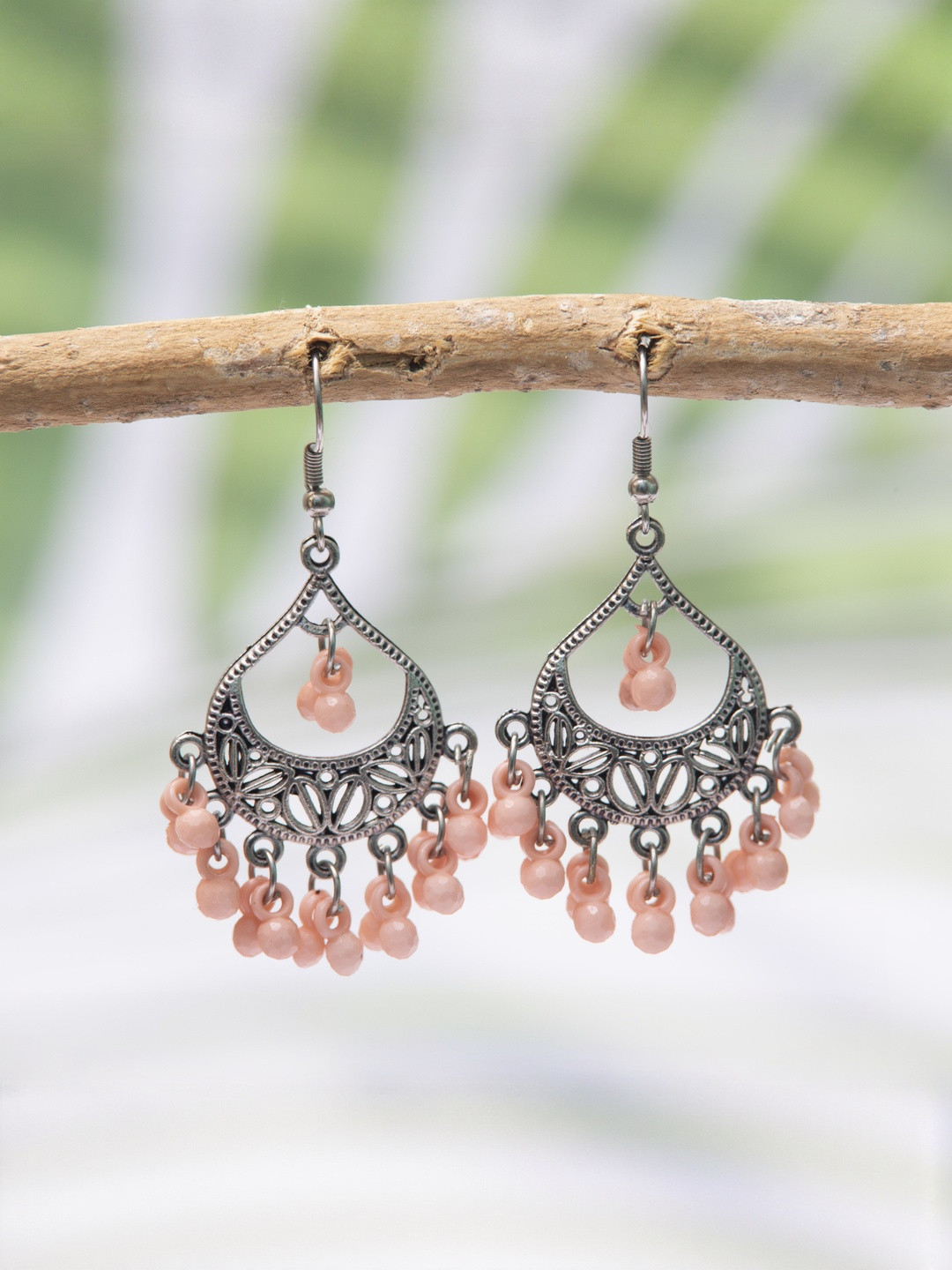 Creative Frogs Women Peach Oxidized Silver-Plated Chandbali Drop Earrings