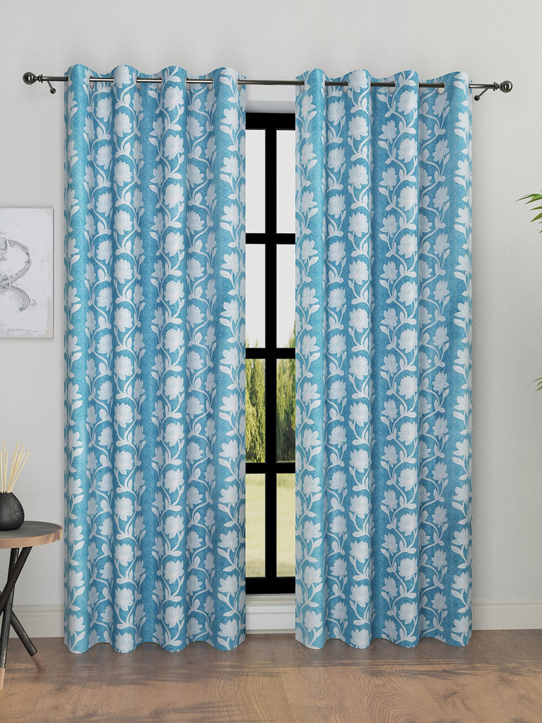 Myntra Elegant Homes Blue & White Set of 2 Floral Room Darkening Long Door Curtain