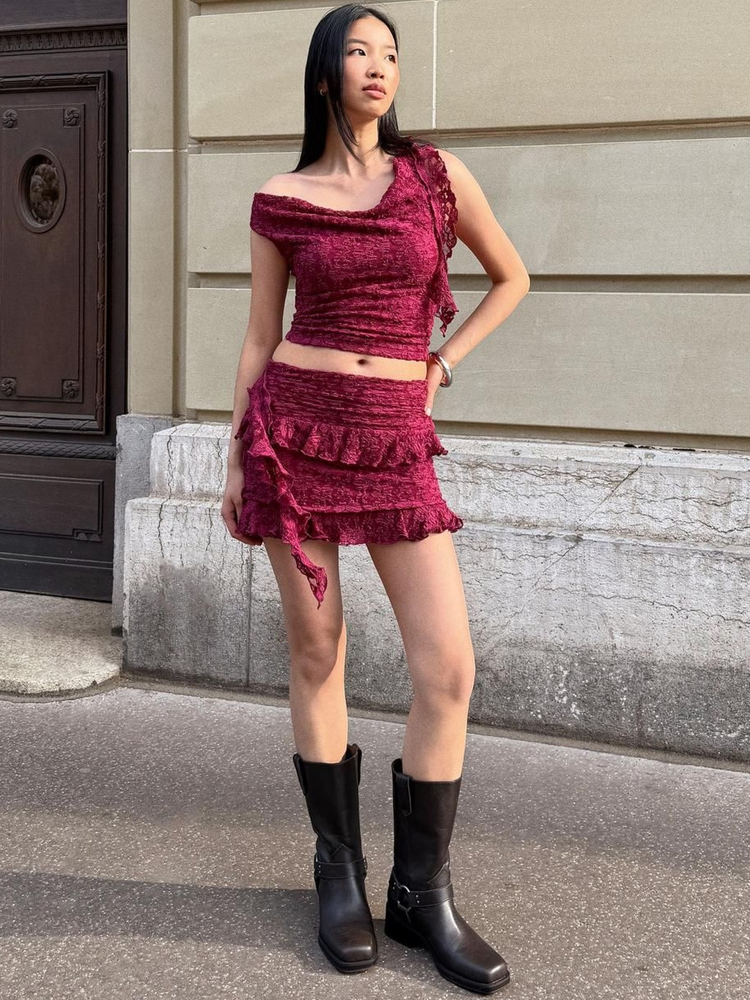 Bershka Blonde Lace Top With Ruffles