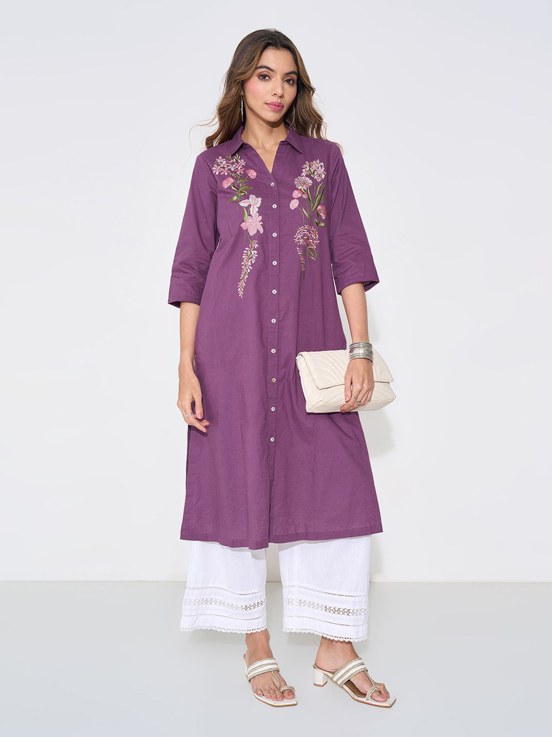 RANGMANCH BY PANTALOONS Floral Embroidered Cotton Thread Work Shirt Collar A-Line Kurta