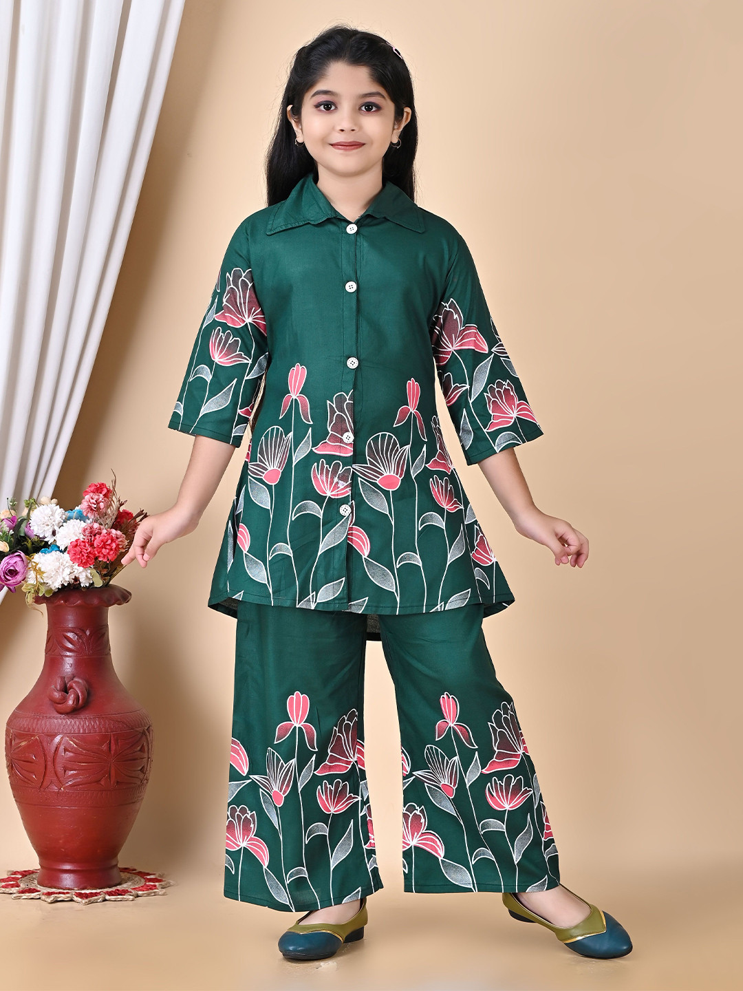 KIDS EARTH Girls Printed Shirt Collar Tunic With Pyjamas