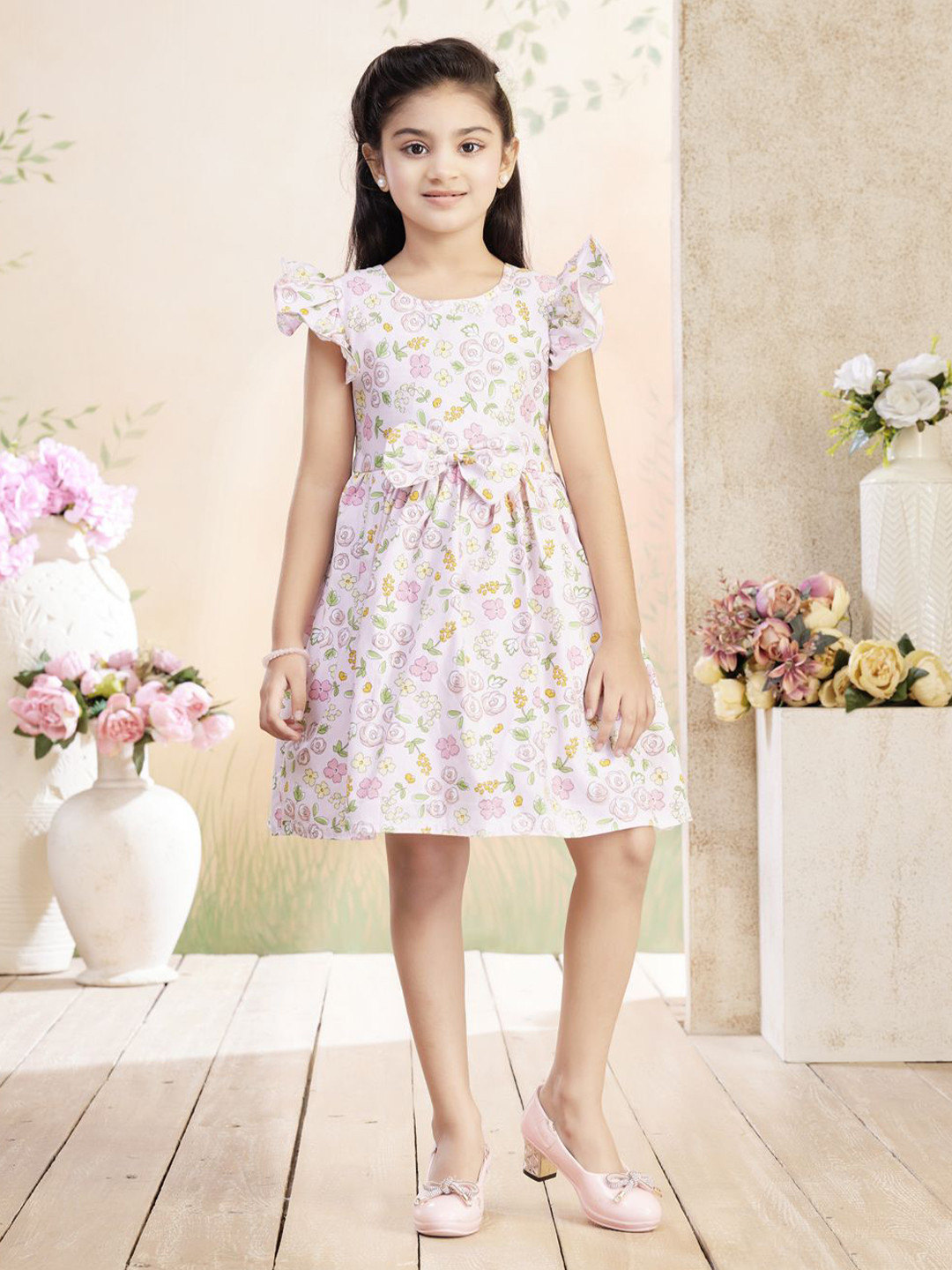BAESD Girls Pink Floral Printed Cotton Blend Frock