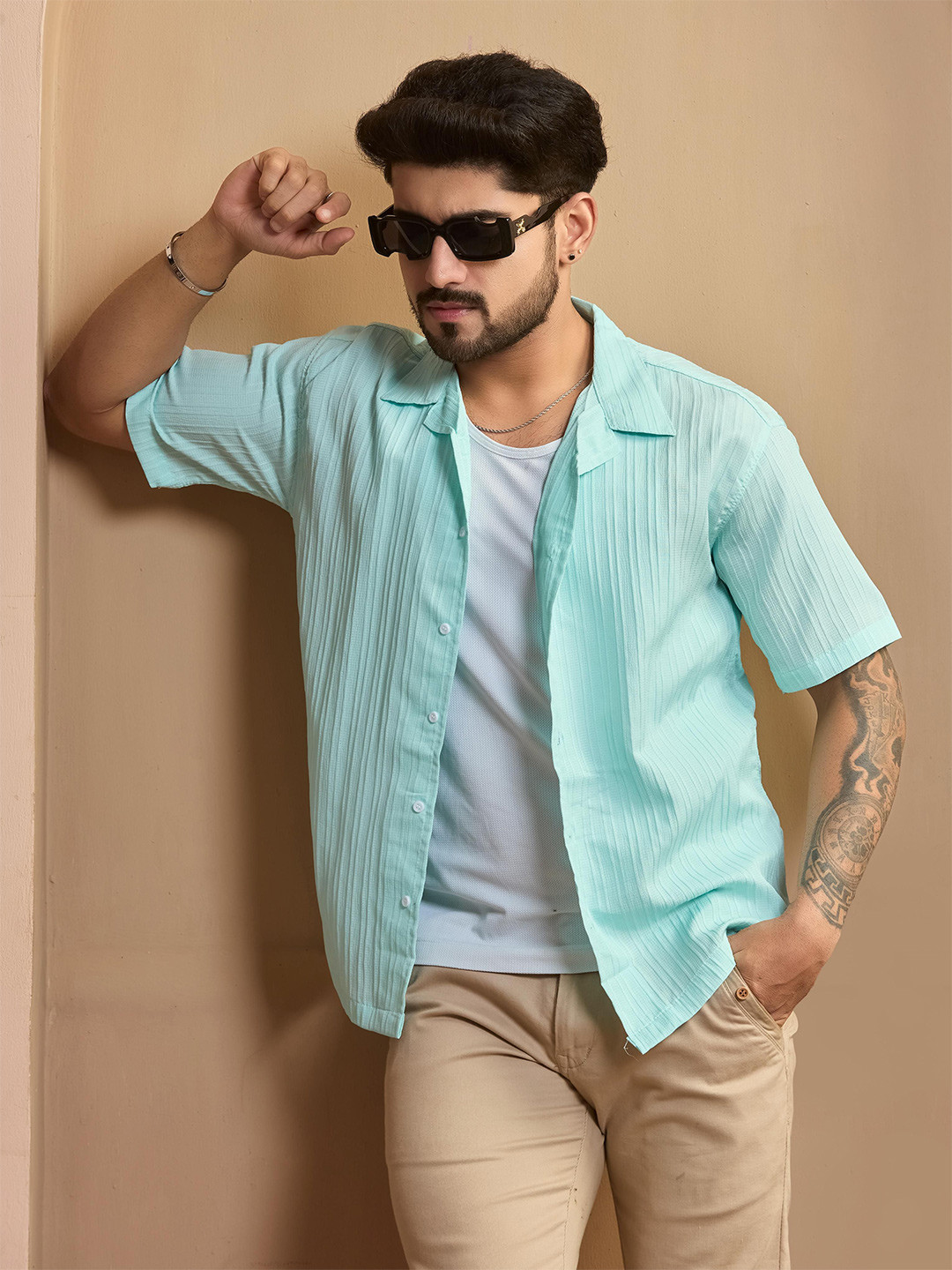 STONEBERG Men Comfort Fit Textured Spread Collar Casual Shirt