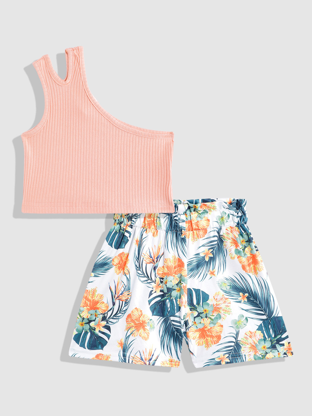 YK Girls One Shoulder Ribbed Top with Floral Print Shorts