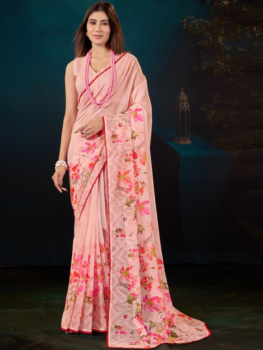 Garden Vareli Floral Printed Embellished Border Saree With Blouse Piece