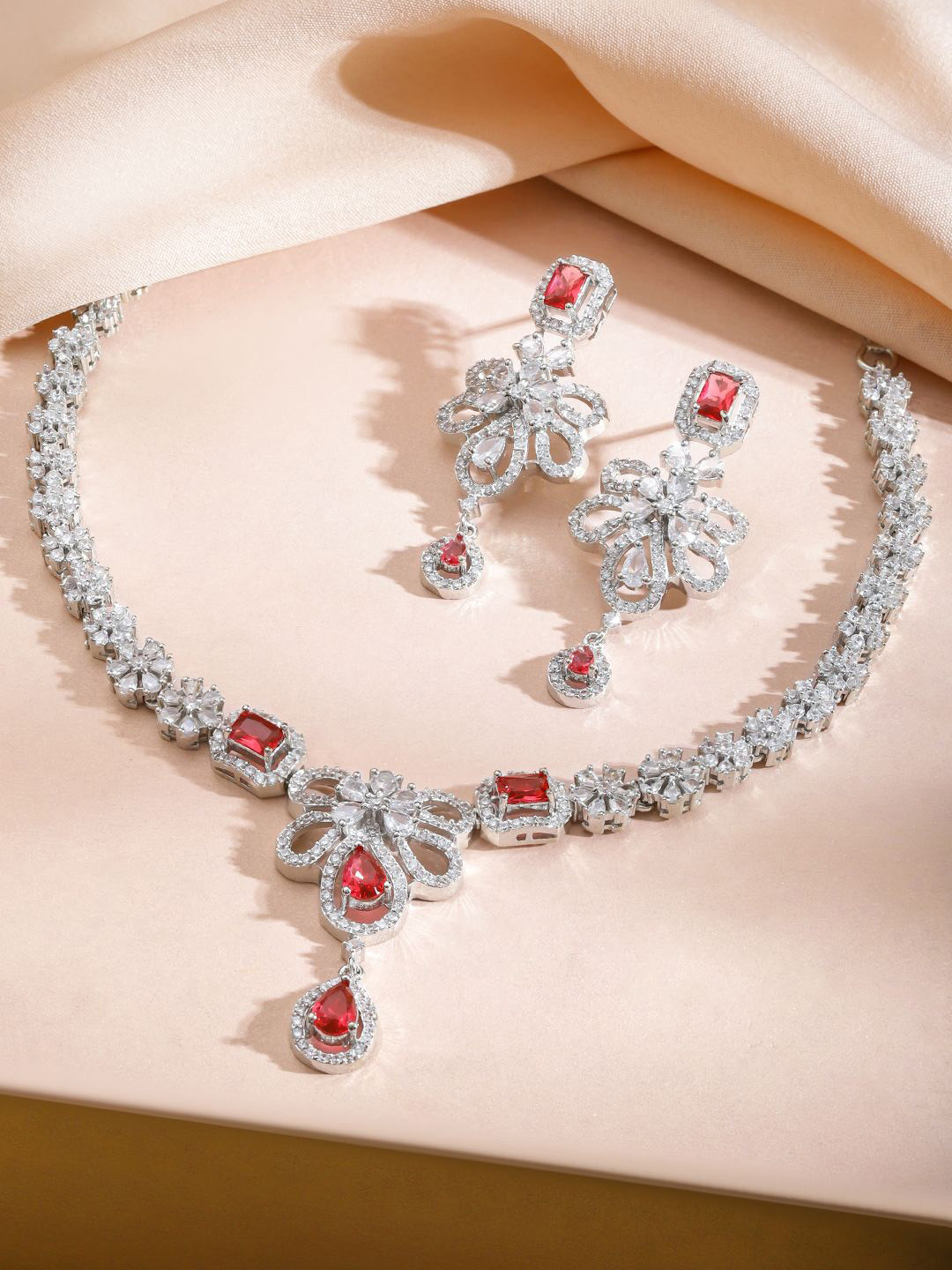 Rubans Rhodium-Plated Ruby Red AD Stone & Cubic Zirconia Floral Designer Necklace Set