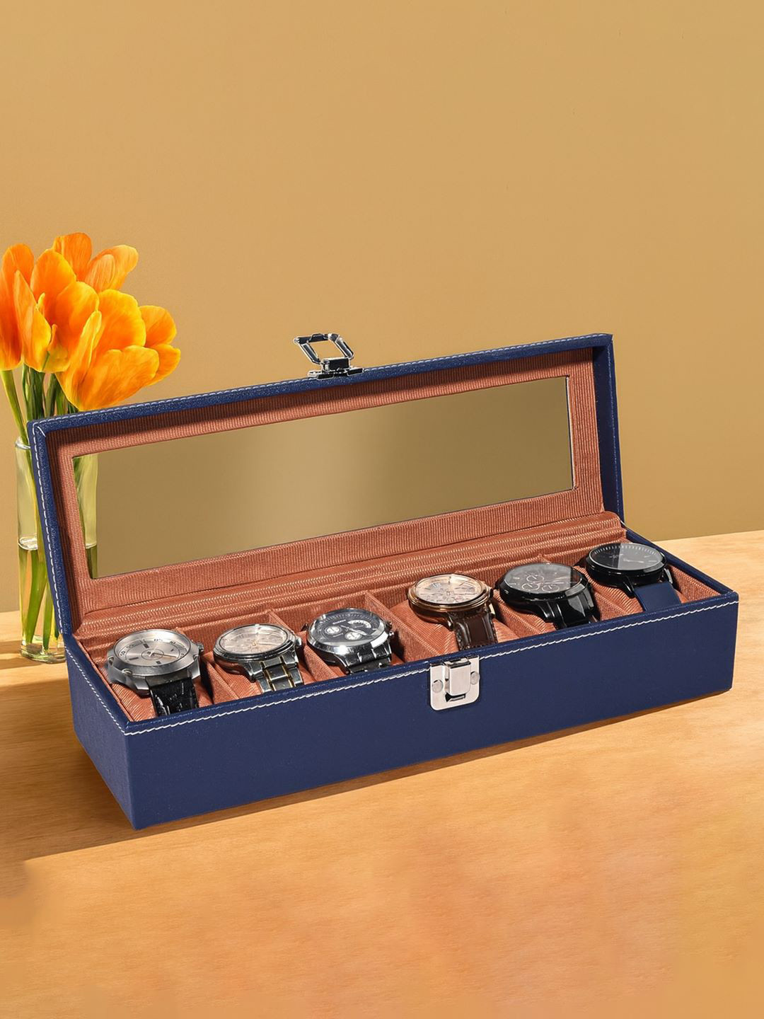 Kuber Industries 6 Slots Premium Faux Leather Wrist Watch Organiser Box for desk storage