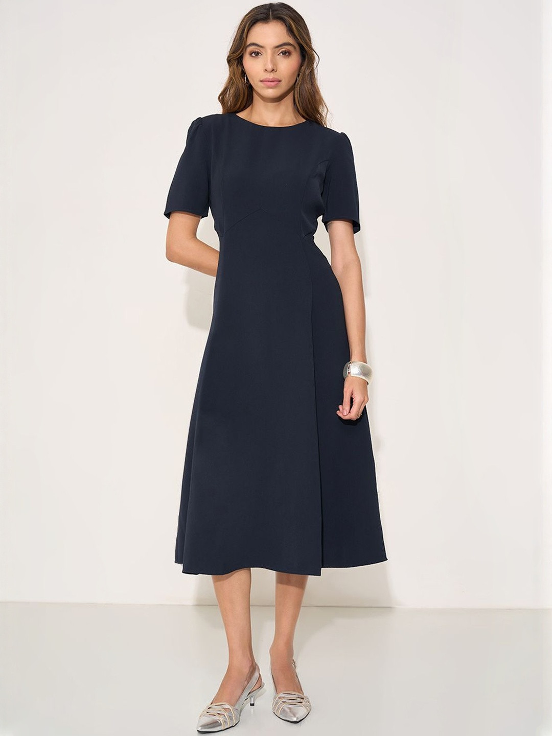 Annabelle by Pantaloons Night Sky Women Puff Sleeve A-Line Midi Dress
