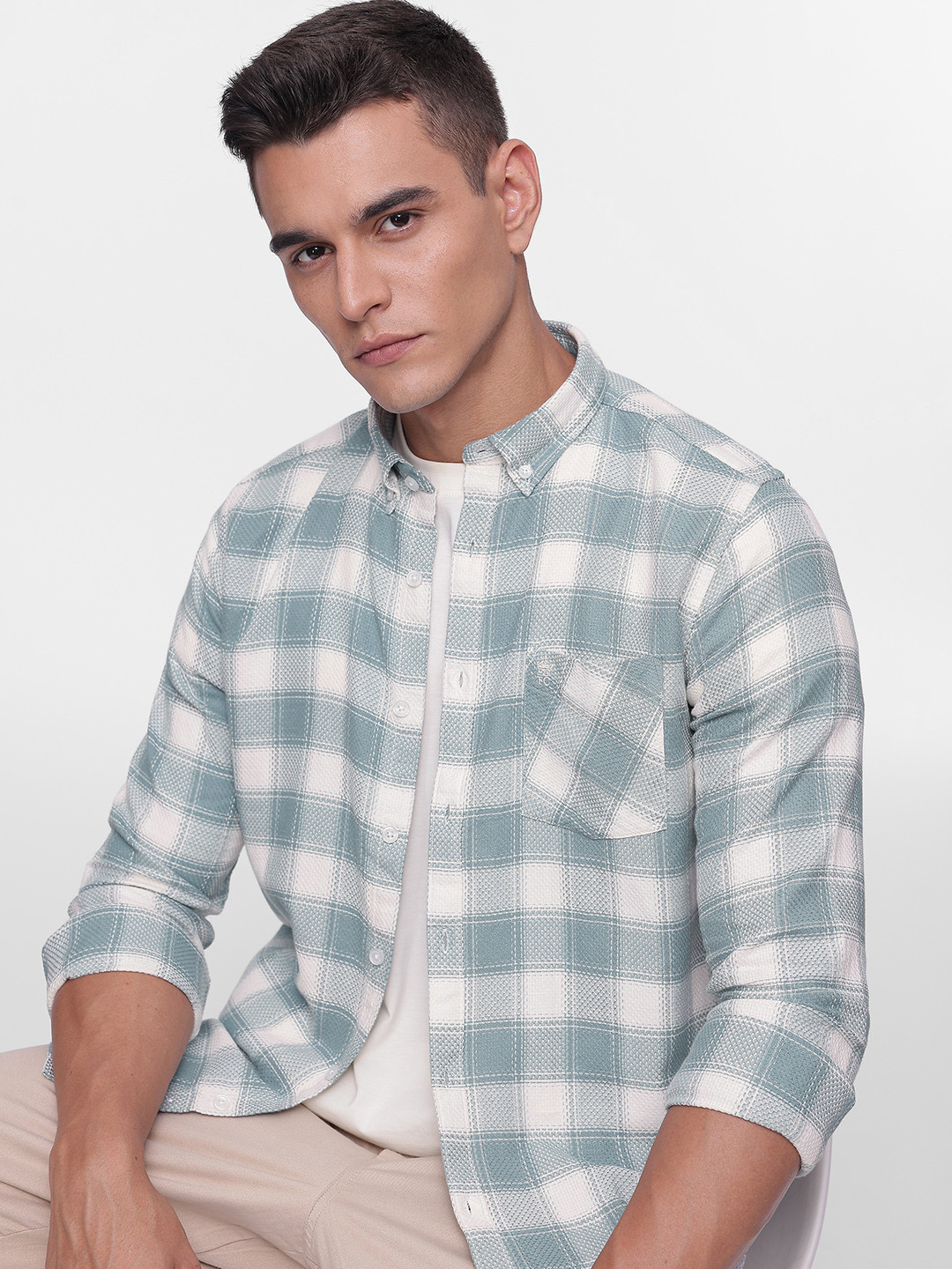 French Connection Pure Cotton Button-Down Collar Textured Checked Casual Shirt