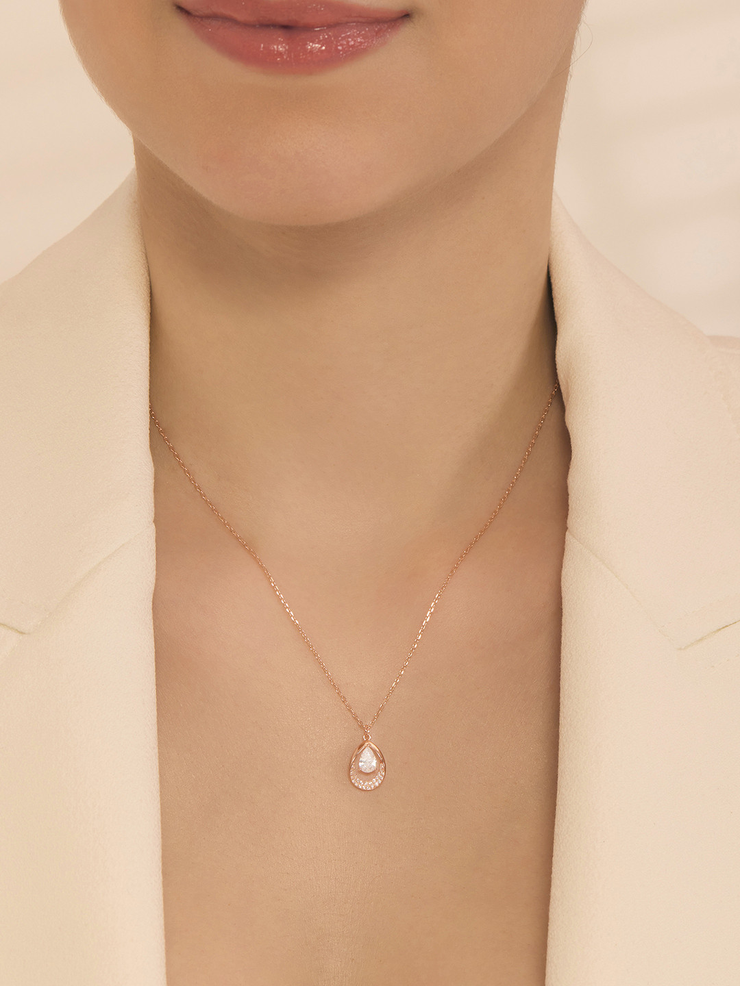 Nistra Sterling Silver Rose Gold-Plated Cubic Zirconia Studded Droplet Necklace