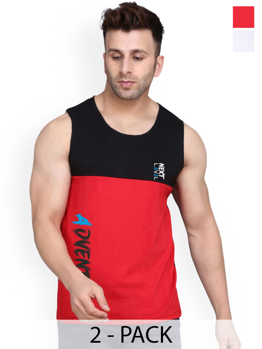 SLOWLORIS Pack Of 2 Printed Scoop Neck Gym Vests VSL26 CMB(ADV BLACKRED)(ADV WHITE)
