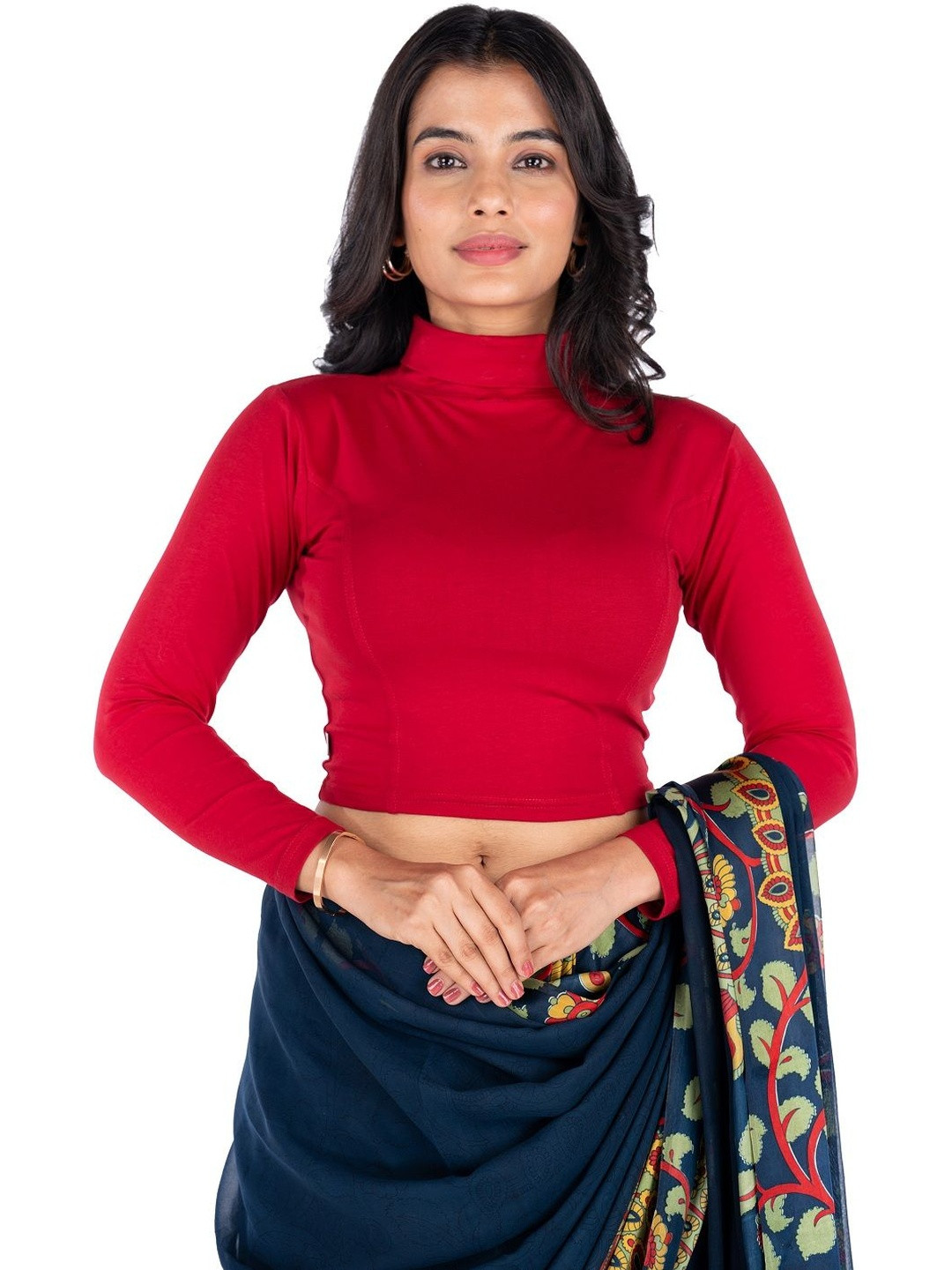 Abhi Women Red Solid High Neck Long Sleeves Stretchable Cotton Saree Blouse