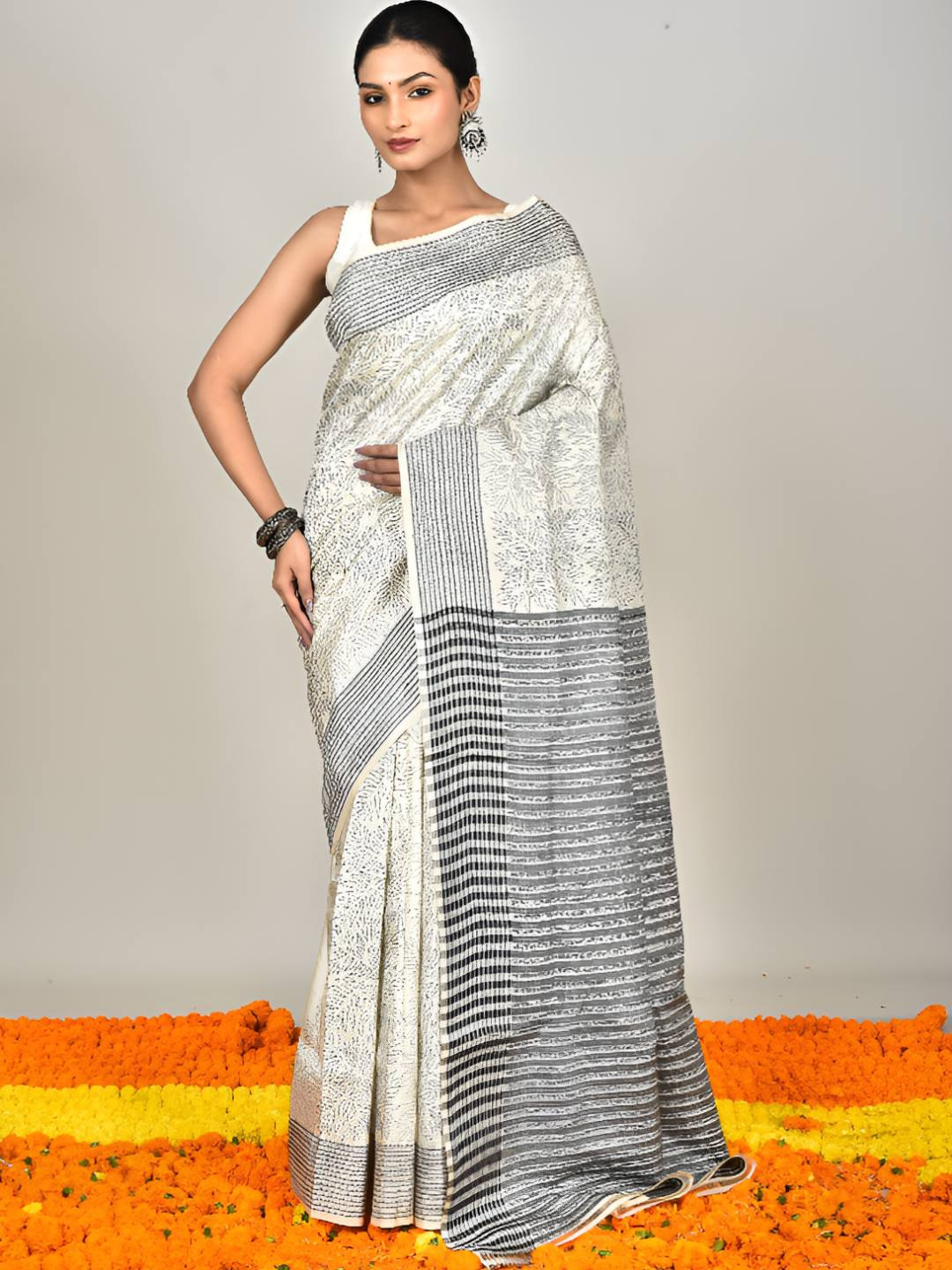 RAM SHYAM collection Floral Printed Kantha Work Art Silk Saree With Blouse