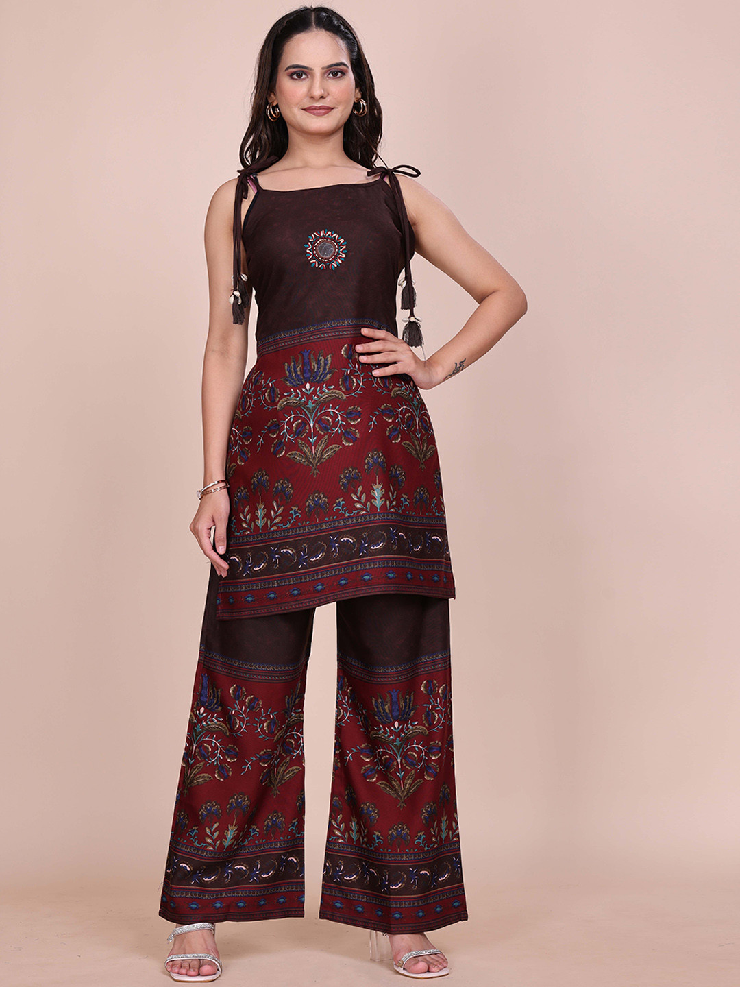 Divyadham Textiles Floral Printed Shoulder Straps Tunic With Palazzos