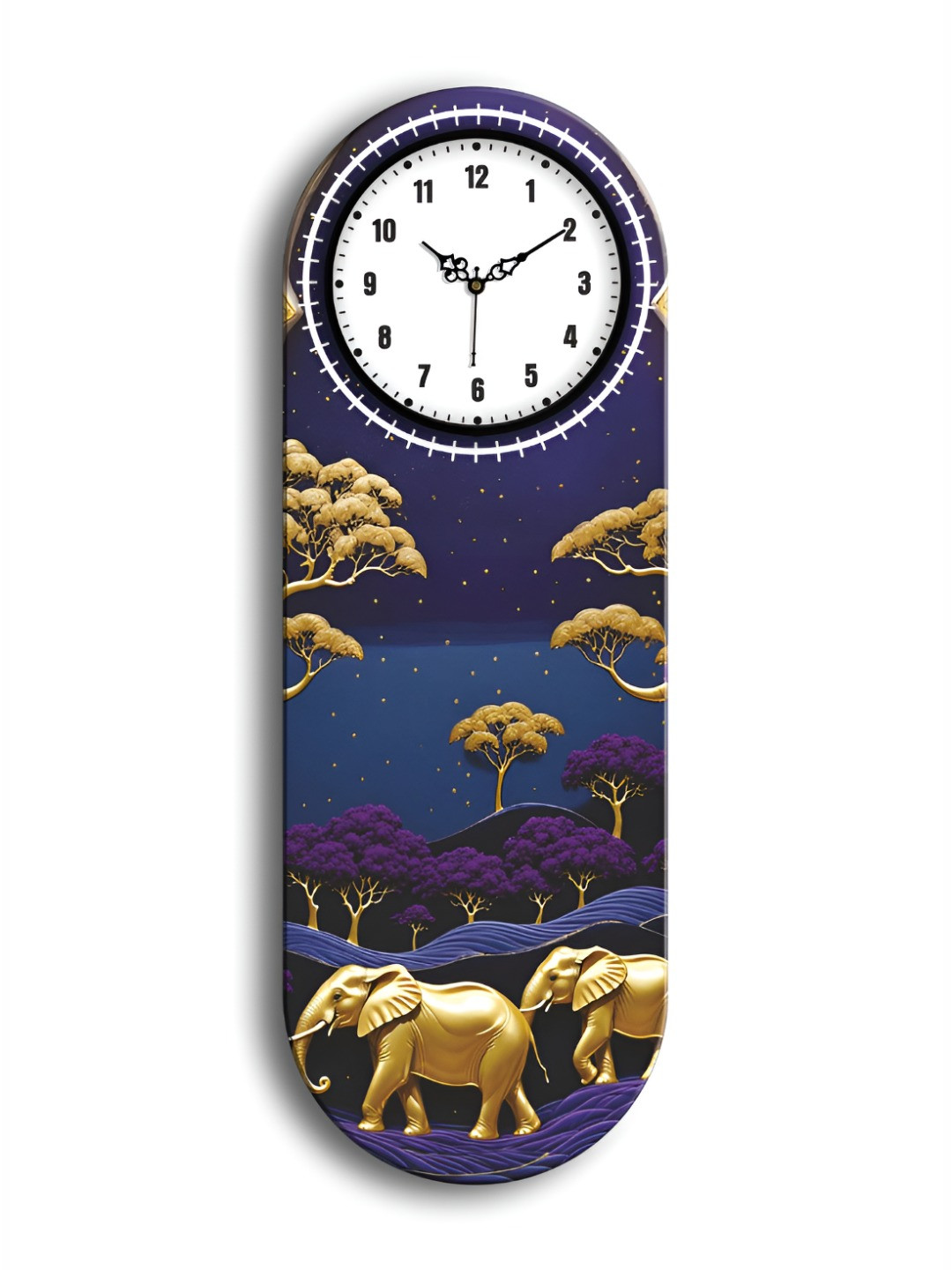 OLIVE TREE Blue & Gold-Toned Elephant Printed Wooden Rectangle Shaped Wall Clock
