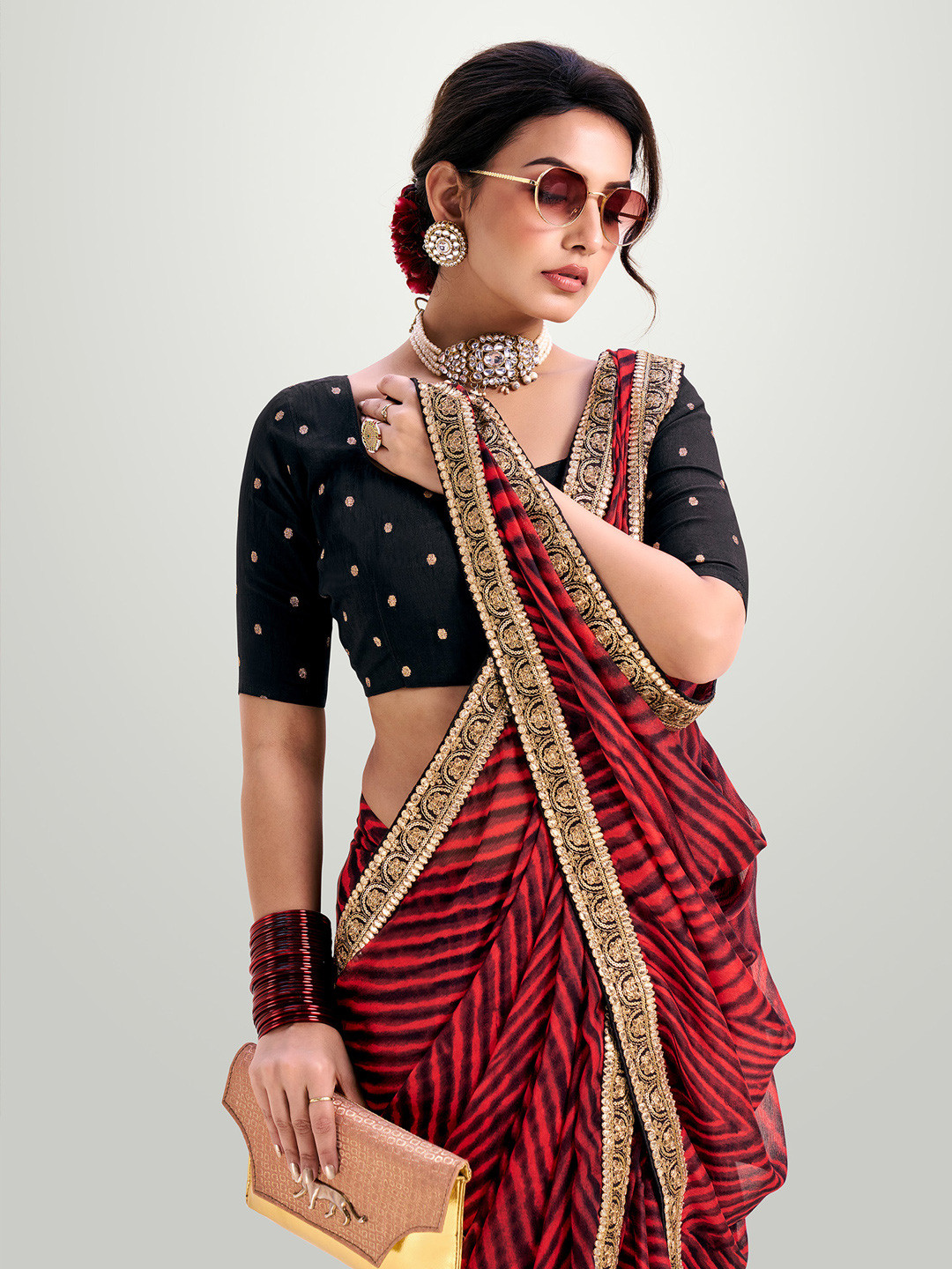 Mitera Lehriya Printed Embellished Sequinned Pure Chiffon Leheriya Saree
