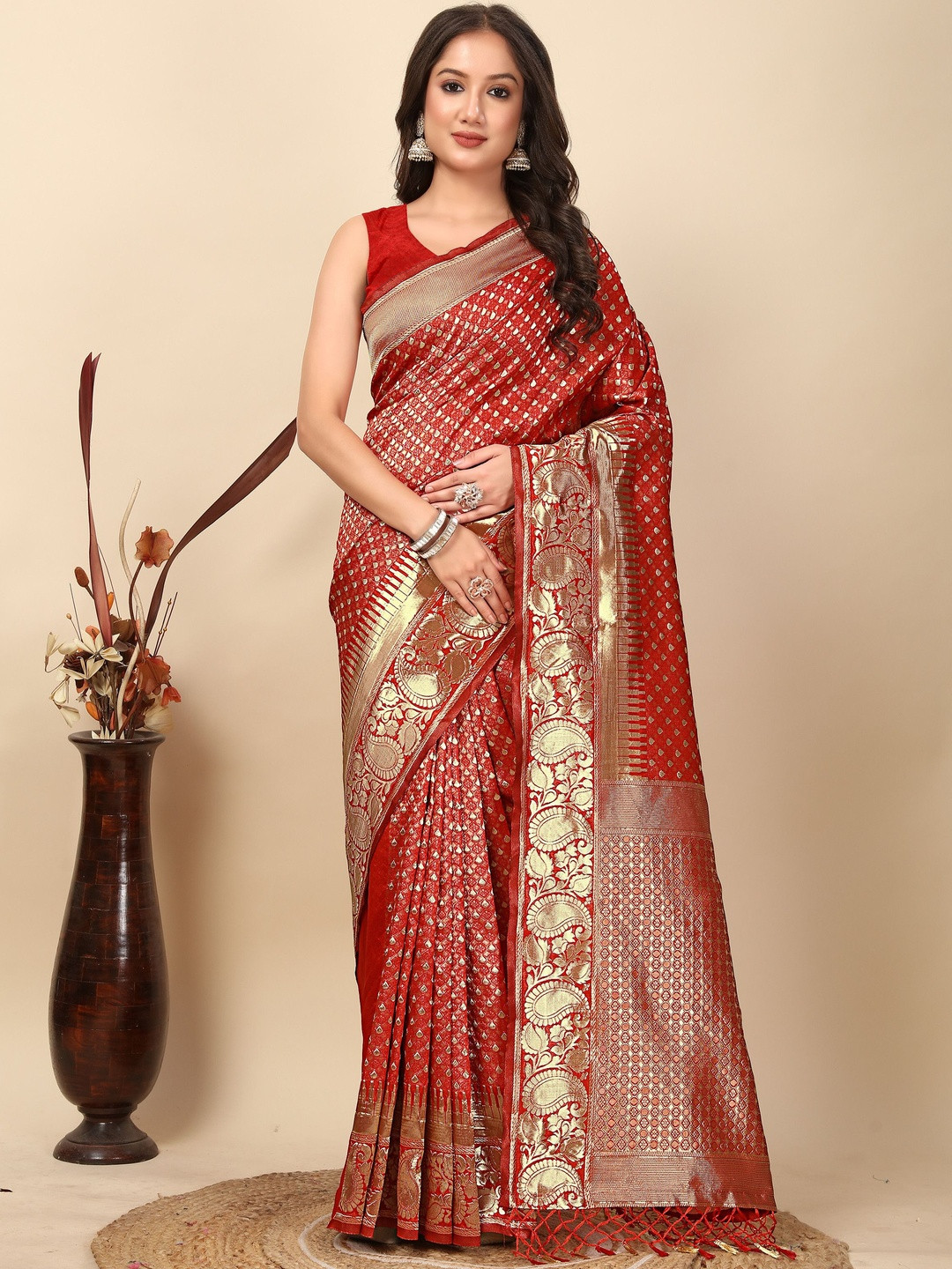 J 6 DESIGNER Woven Design Zari Block Print Saree With Blouse Piece
