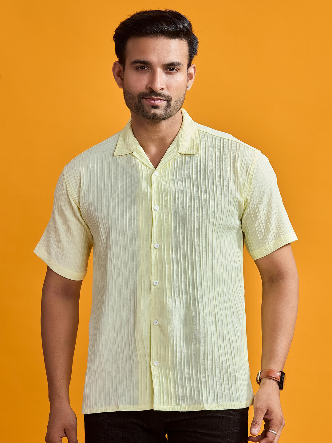 STONEBERG Men Comfort Fit Textured Cuban Collar Casual Shirt