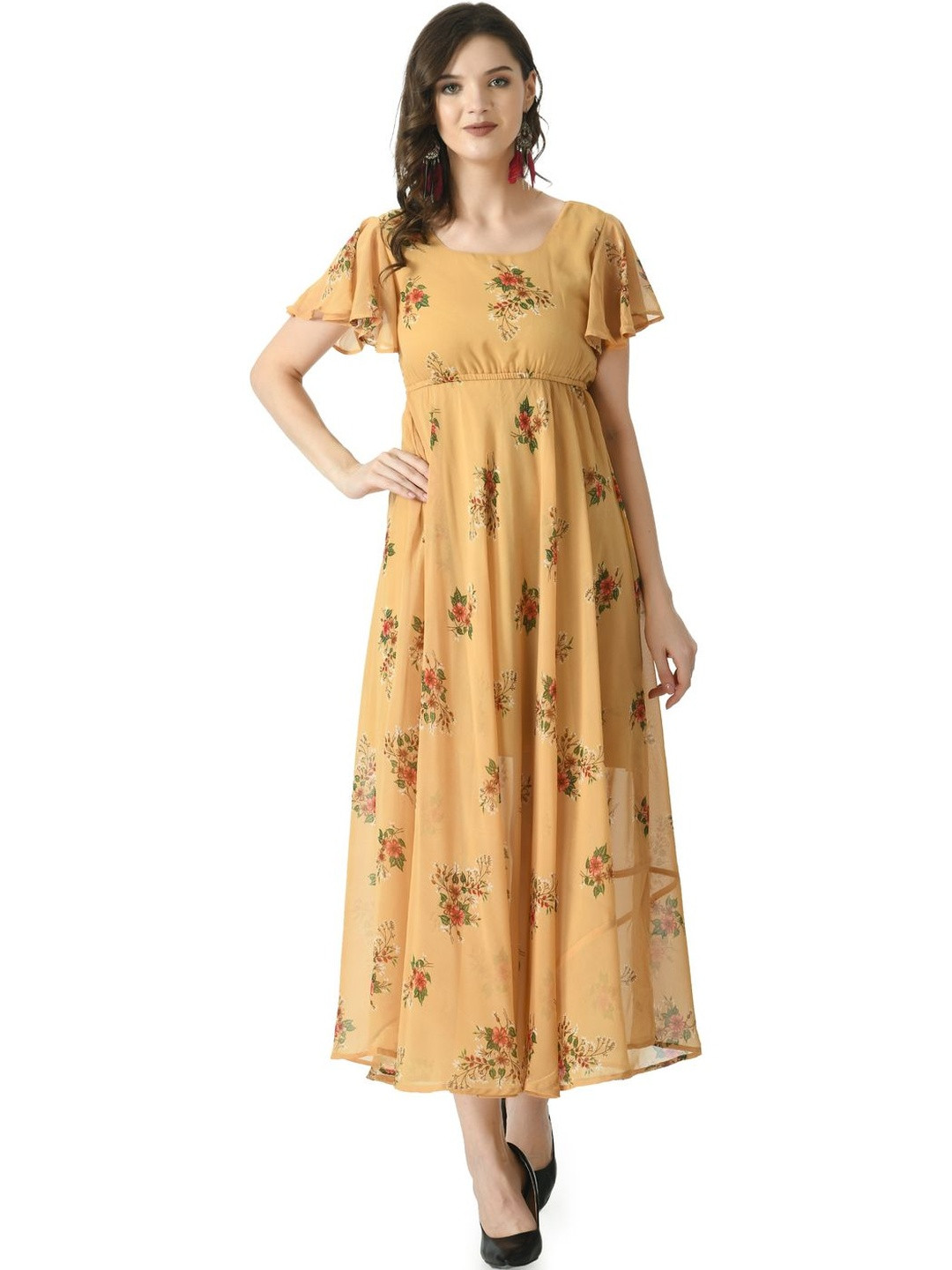 Brainbees Women Floral Print Flutter Sleeve Georgette Empire Maxi Dress