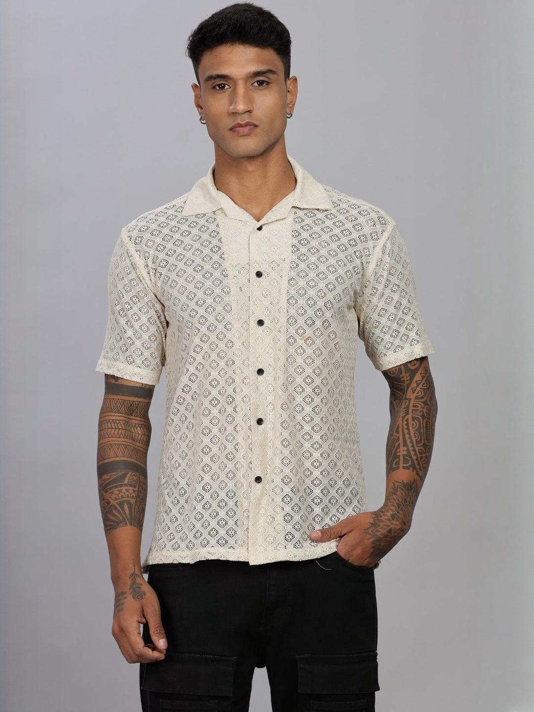 Kolor Fusion Relaxed Floral Self Design Semi Sheer Casual Shirt