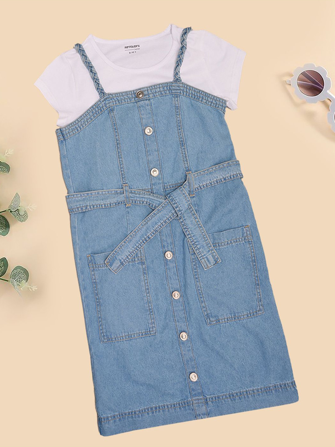 Pantaloons Junior Girls Cotton Denim Dungarees With Waist Tie & T-Shirt Pinafore Dress