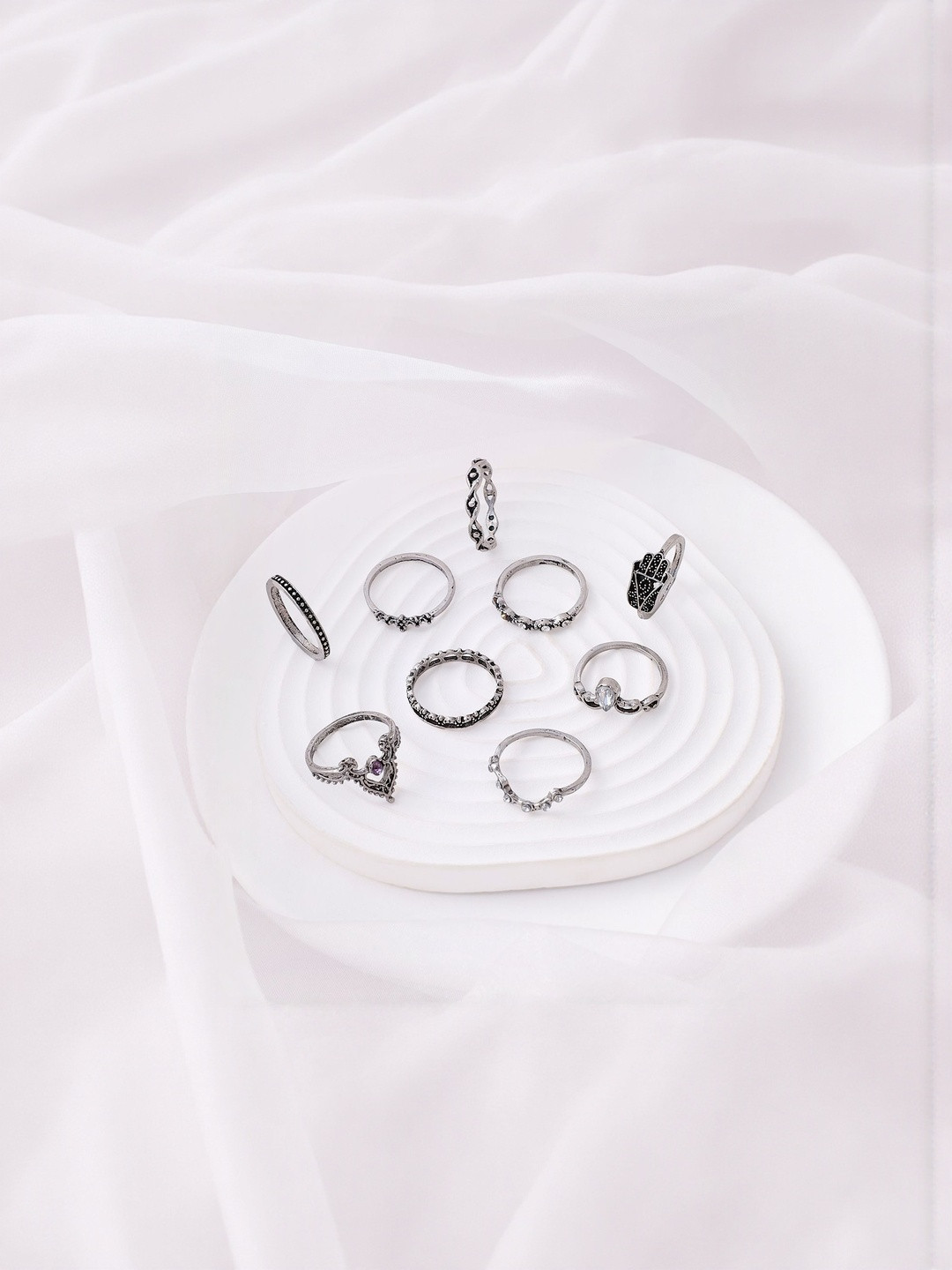 SOHI Set Of 10 Sliver-Plated Oxidized Malocchio Multi-Layer Rings