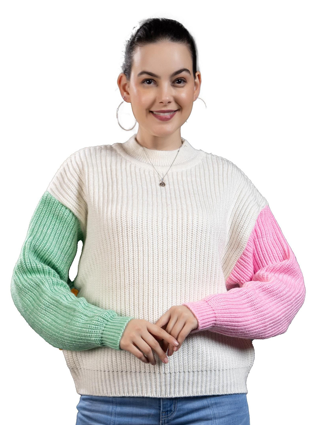 WEAR LUSSO Colourblocked Round Neck Woollen Pullover Sweater