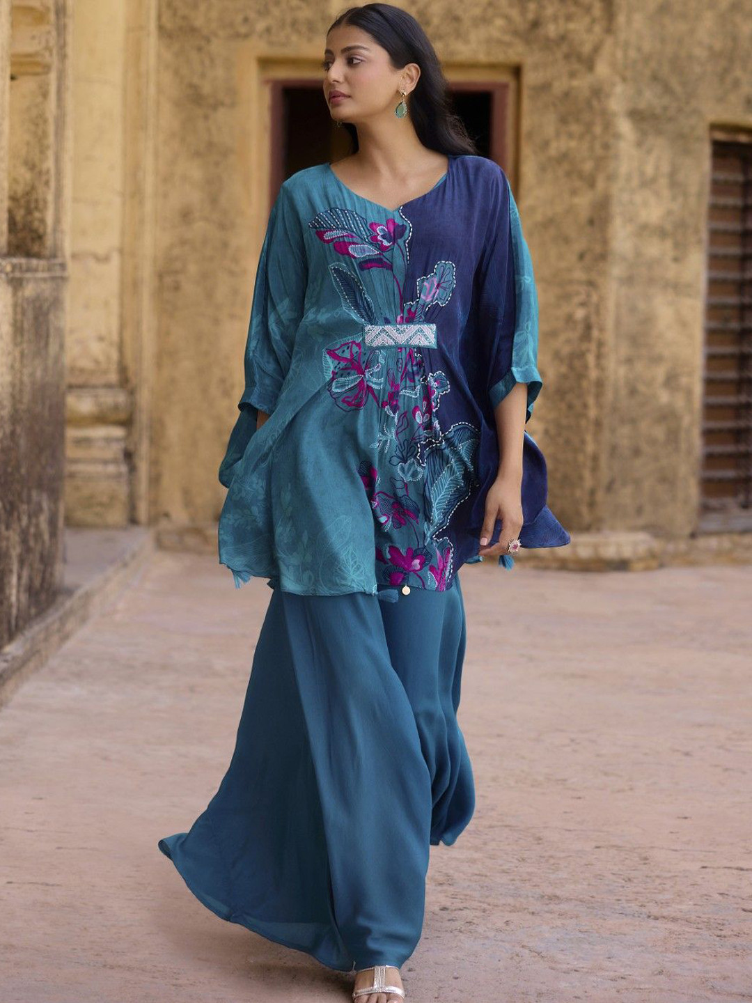 AUTUMN LANE Embroidery Aster Nile Full Work V-Neck Kaftan Top With Trouser Co-Ords
