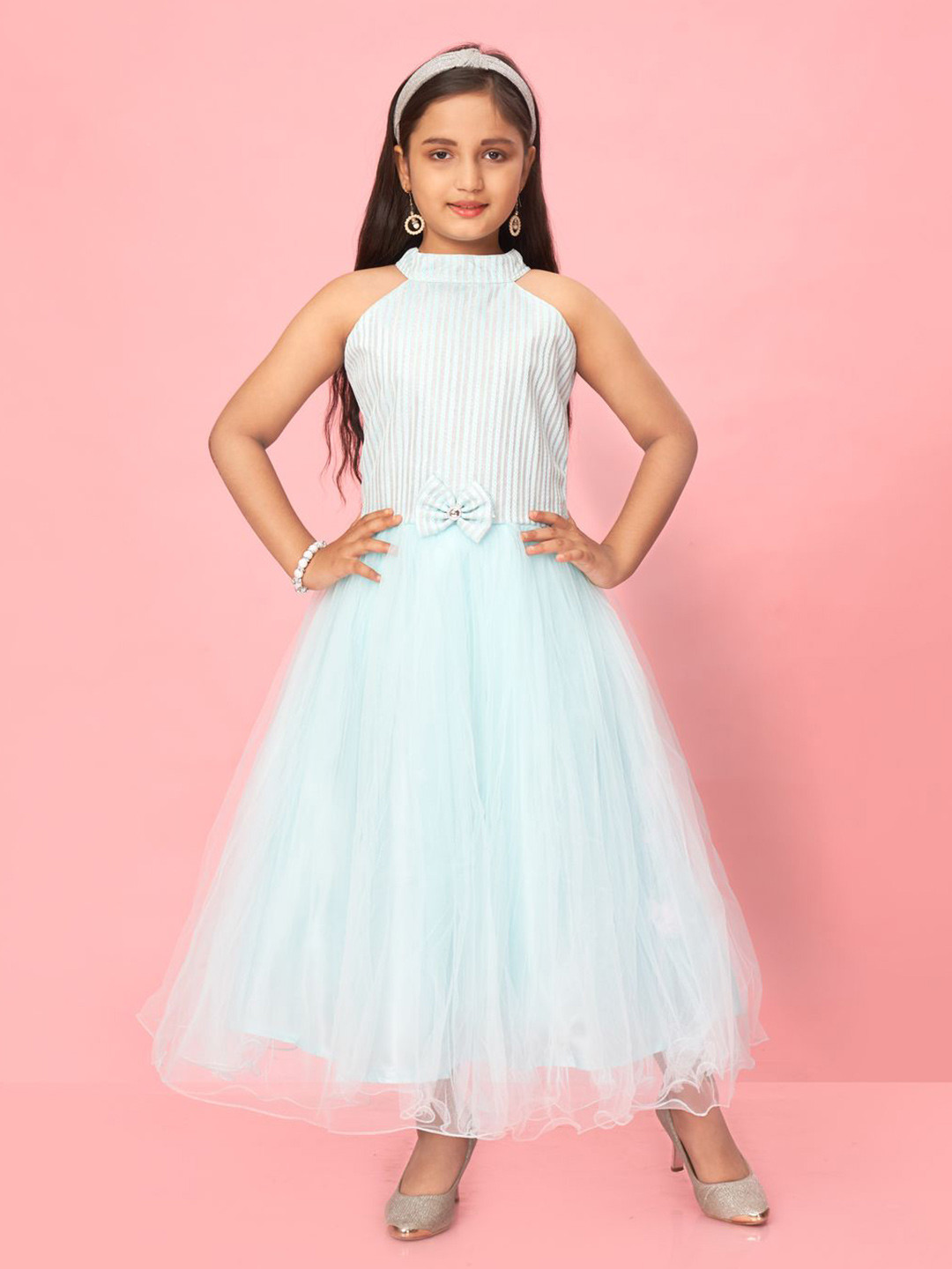 BAESD Girls Striped Self Design High Neck Gown Maxi Dress