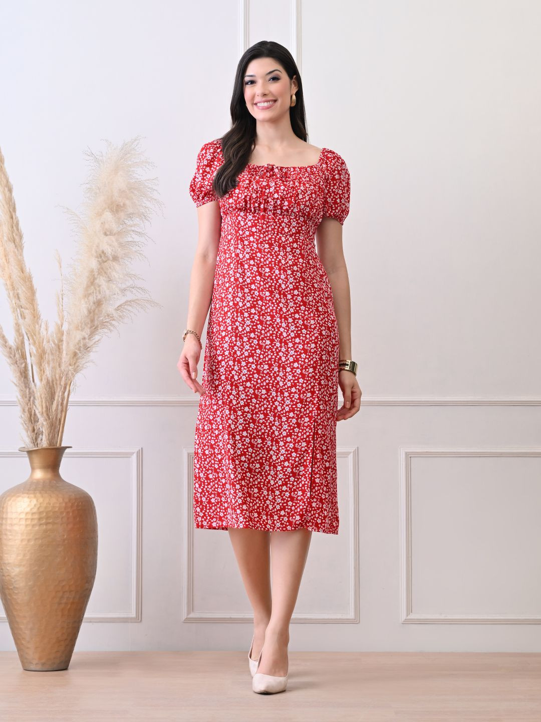 Ikonic klaer Women Floral Printed Puff Sleeve Empire Dress