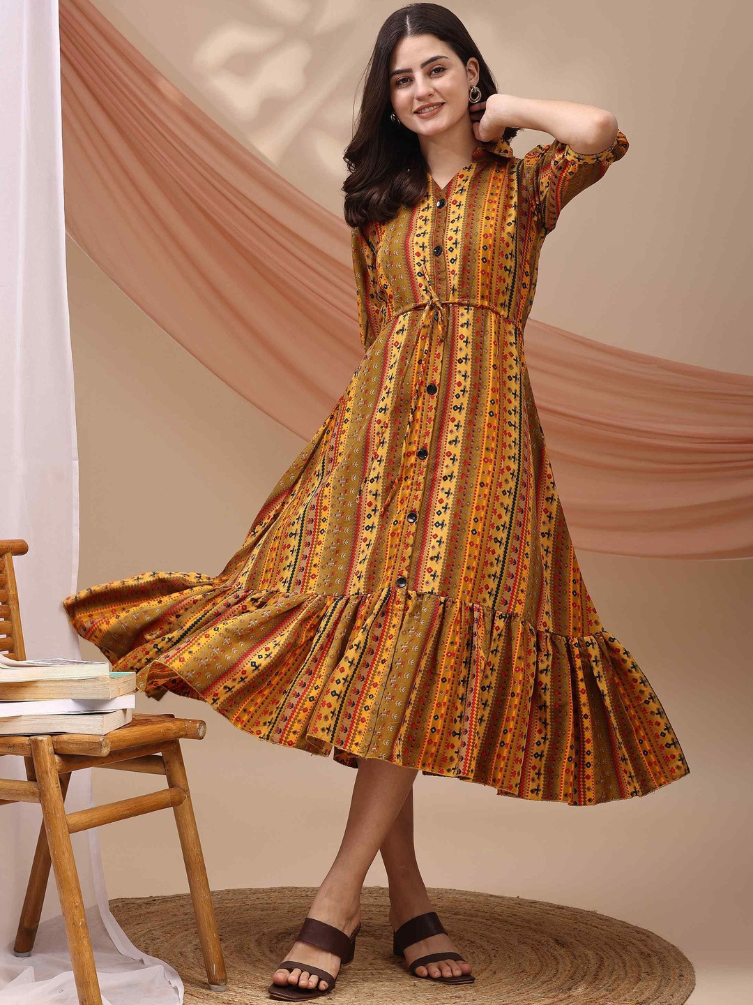 YANAMORA Printed Shirt Collar Puff Sleeves Shirt Midi Dress