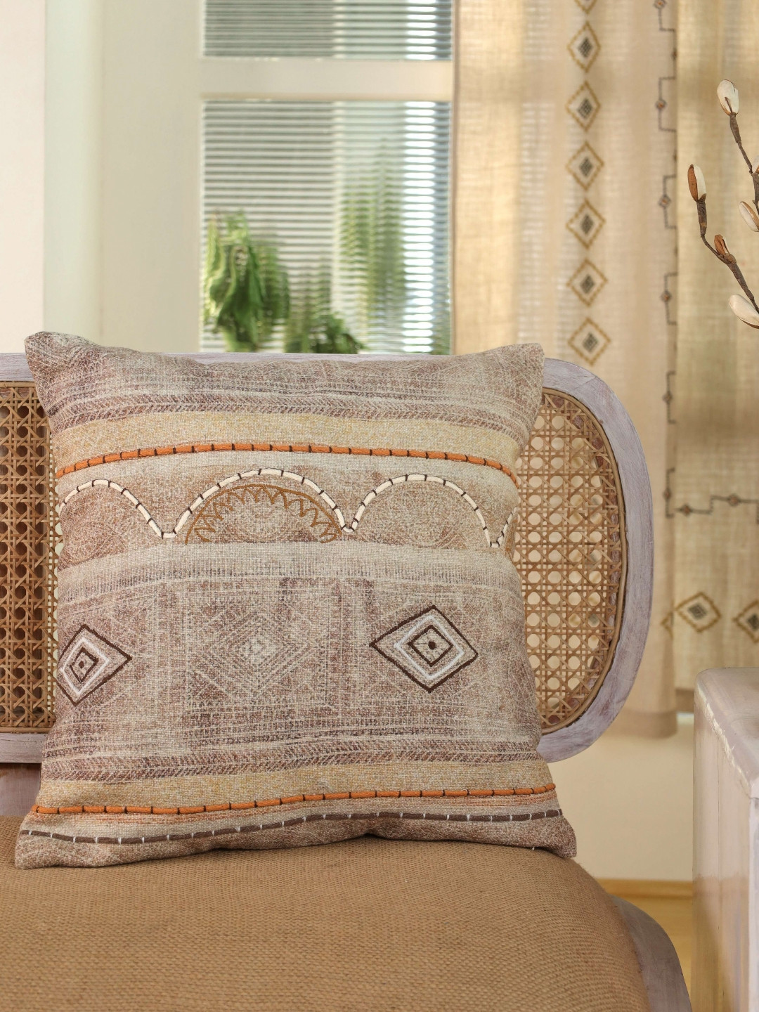 eyda Beige & Brown Embroidered Linen Square Cushion Cover